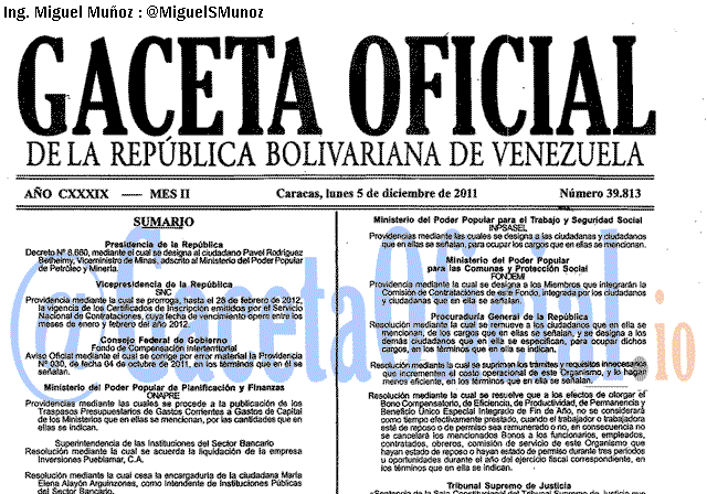 Gaceta Oficial 39813 del 5 Diciembre 2011