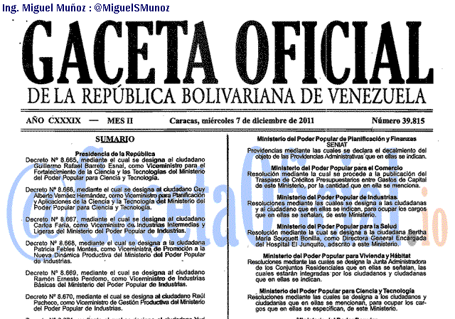 Gaceta Oficial 39815 del 7 Diciembre 2011