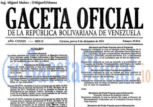 Gaceta Oficial 39816 del 8 Diciembre 2011
