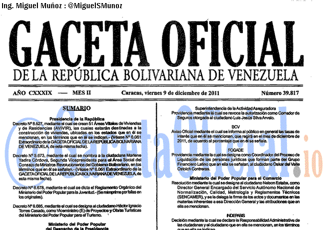 Gaceta Oficial 39817 del 9 Diciembre 2011