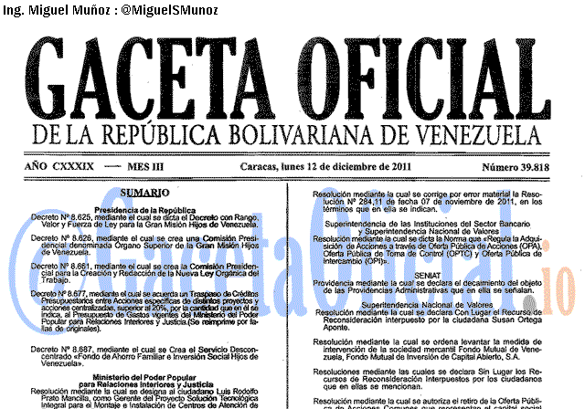 Gaceta Oficial 39818 del 12 Diciembre 2011