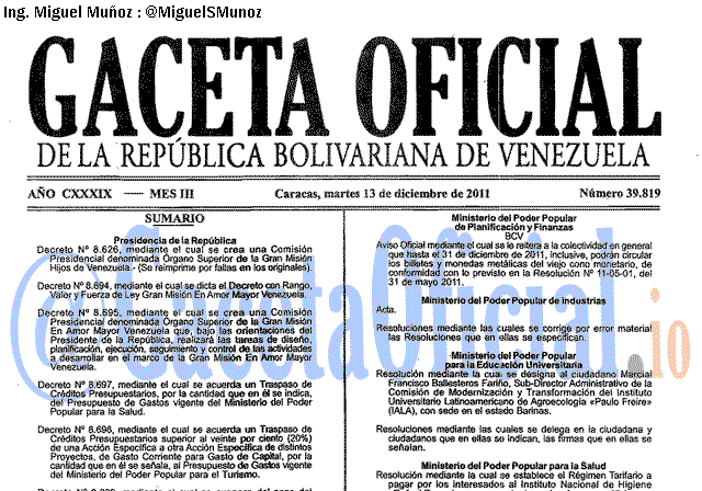 Gaceta Oficial 39819 del 13 Diciembre 2011