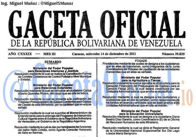Gaceta Oficial 39820 del 14 Diciembre 2011