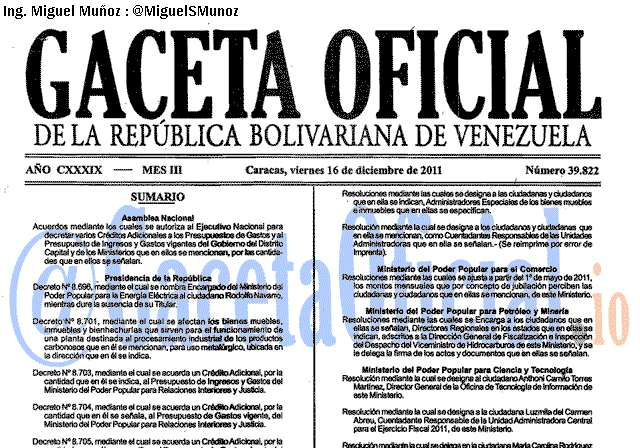 Gaceta Oficial 39822 del 16 Diciembre 2011