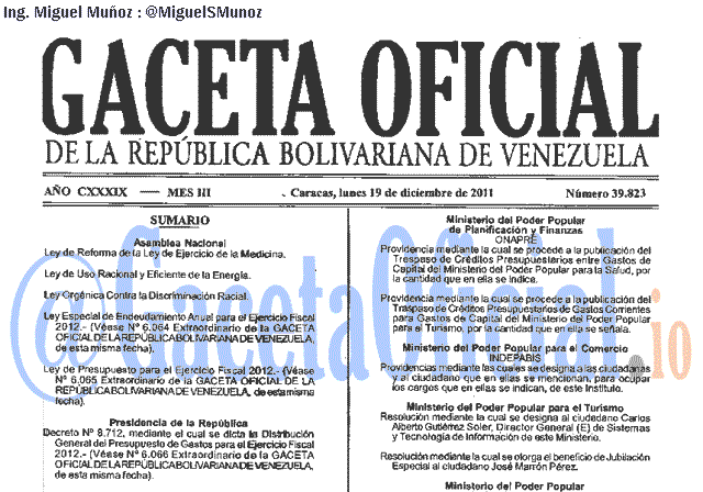Gaceta Oficial 39823 del 19 Diciembre 2011