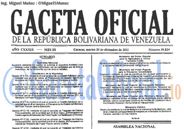 Gaceta Oficial 39824 del 20 Diciembre 2011