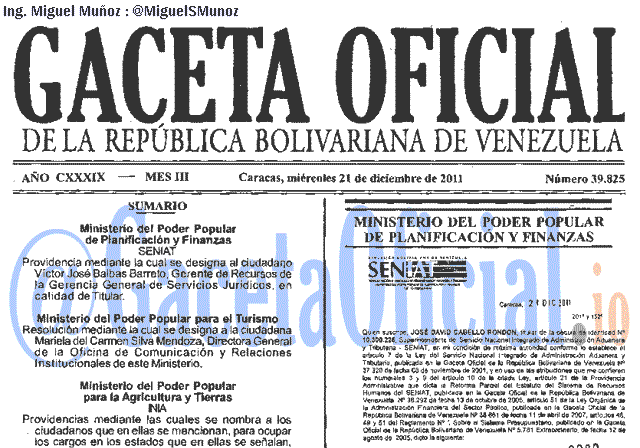 Gaceta Oficial 39825 del 21 Diciembre 2011