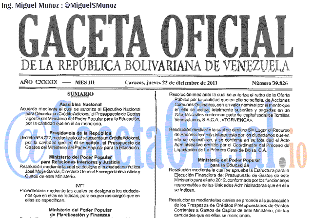 Gaceta Oficial 39826 del 22 Diciembre 2011