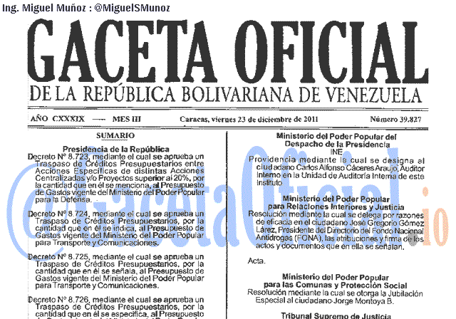 Gaceta Oficial 39827 del 23 Diciembre 2011