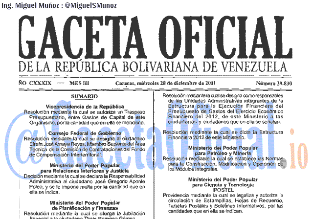 Gaceta Oficial 39830 del 28 Diciembre 2011