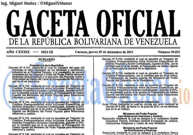 Gaceta Oficial 39831 del 29 Diciembre 2011