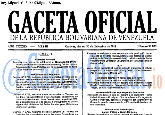 Gaceta Oficial 39832 del 30 Diciembre 2011