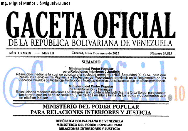 Gaceta Oficial 39833 del 2 Enero 2012