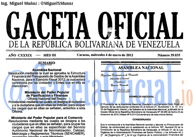 Gaceta Oficial 39835 del 4 Enero 2012