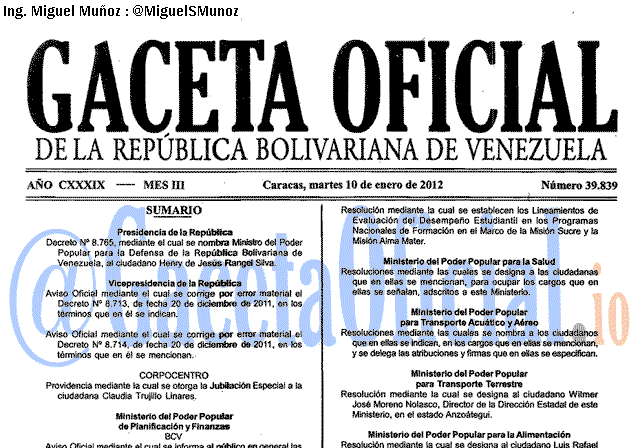 Gaceta Oficial 39839 del 10 Enero 2012
