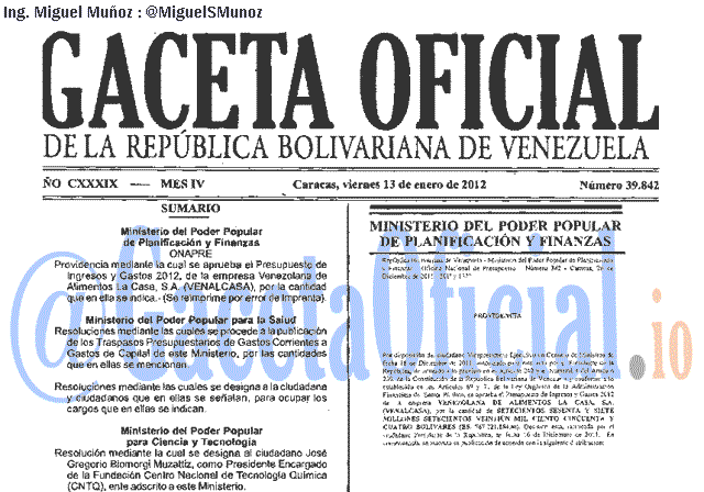 Gaceta Oficial 39842 del 13 Enero 2012