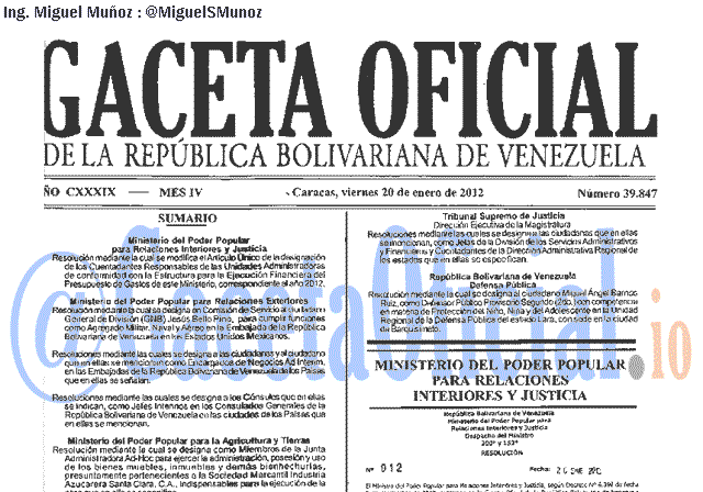 Gaceta Oficial 39847 del 20 Enero 2012