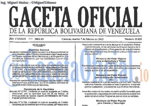 Gaceta Oficial 39859 del 7 Febrero 2012
