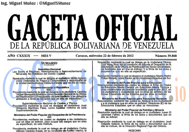 Gaceta Oficial 39868 del 22 Febrero 2012