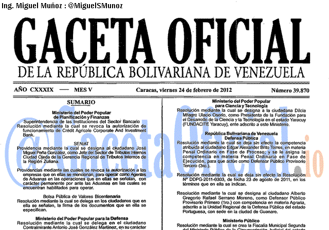 Gaceta Oficial 39870 del 24 Febrero 2012