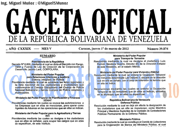 Gaceta Oficial 39874 del 1 Marzo 2012