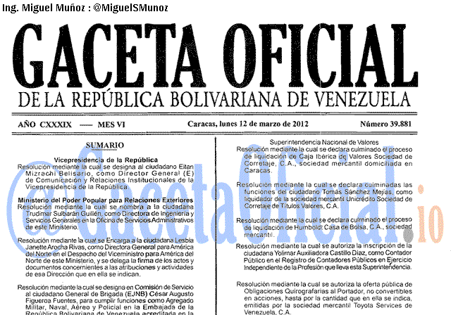 Gaceta Oficial 39881 del 12 Marzo 2012