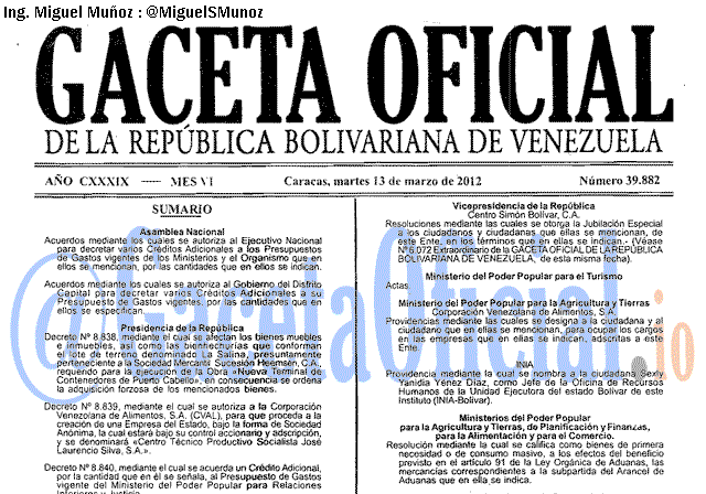 Gaceta Oficial 39882 del 13 Marzo 2012