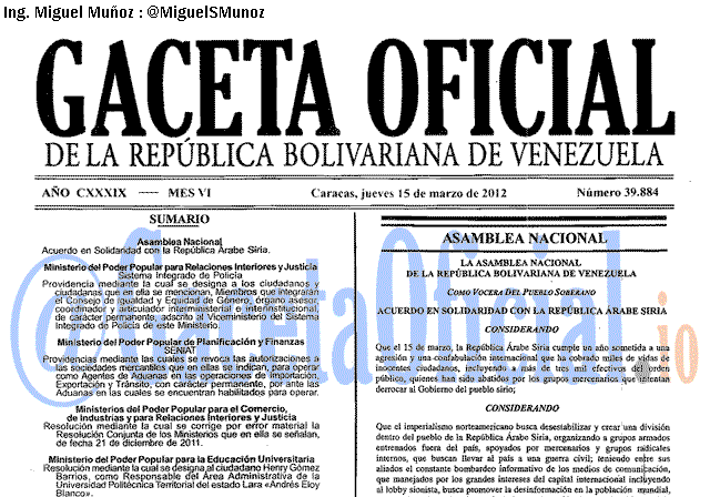 Gaceta Oficial 39884 del 15 Marzo 2012