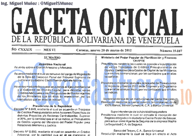 Gaceta Oficial 39887 del 20 Marzo 2012