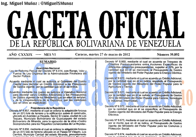 Gaceta Oficial 39892 del 27 Marzo 2012