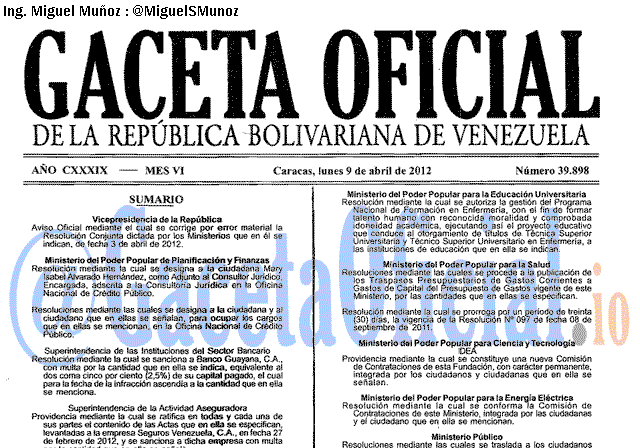Gaceta Oficial 39898 del 9 Abril 2012