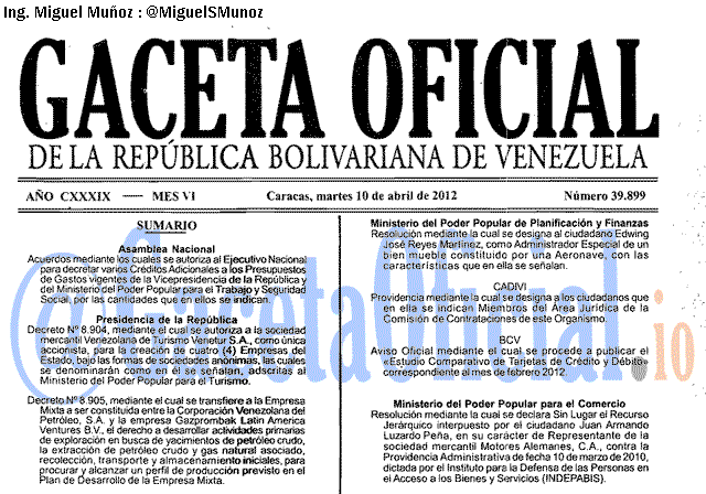Gaceta Oficial 39899 del 10 Abril 2012