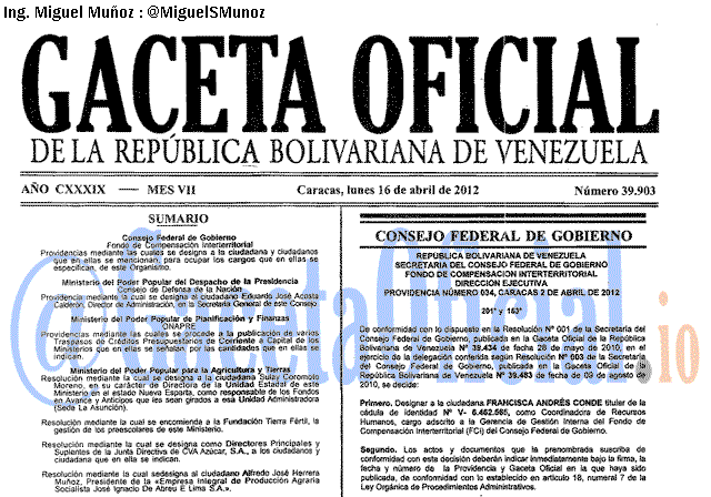 Gaceta Oficial 39903 del 16 Abril 2012