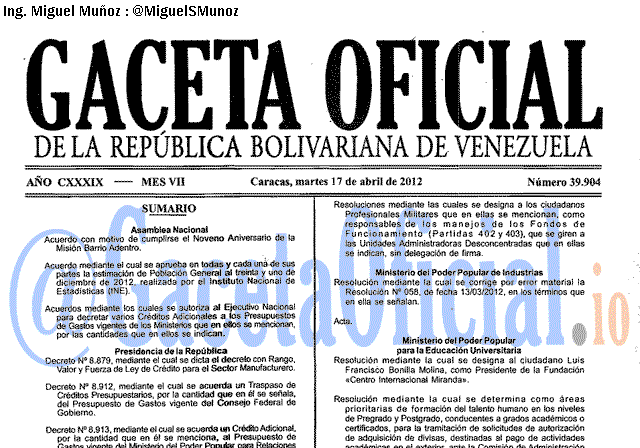Gaceta Oficial 39904 del 17 Abril 2012