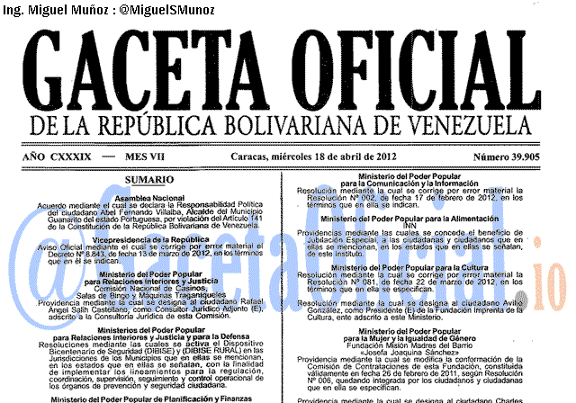 Gaceta Oficial 39905 del 18 Abril 2012