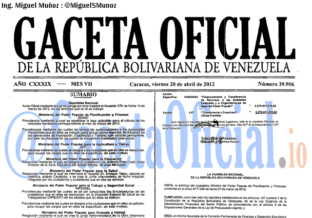 Gaceta Oficial 39906 del 20 Abril 2012