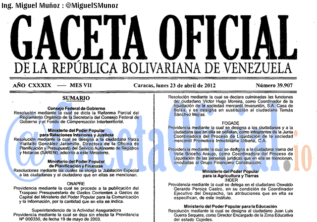 Gaceta Oficial 39907 del 23 Abril 2012