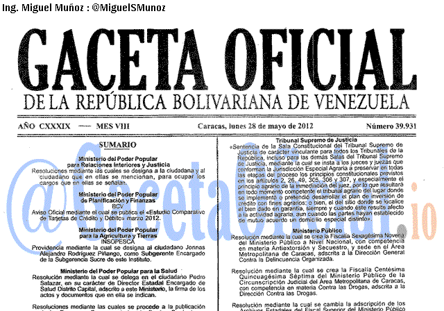 Gaceta Oficial 39931 del 28 Mayo 2012