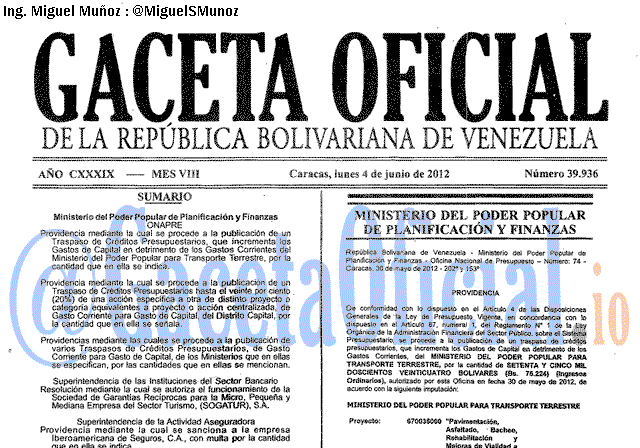 Gaceta Oficial 39936 del 4 Junio 2012