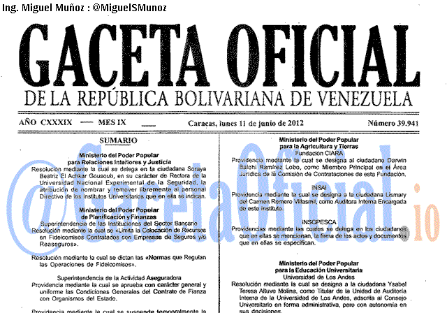 Gaceta Oficial 39941 del 11 Junio 2012