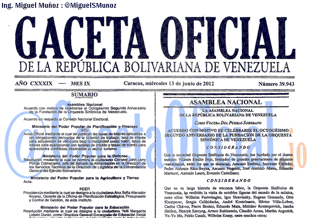 Gaceta Oficial 39943 del 13 Junio 2012