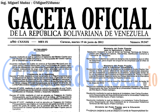 Gaceta Oficial 39947 del 19 Junio 2012
