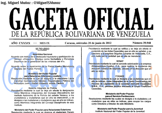 Gaceta Oficial 39948 del 20 Junio 2012