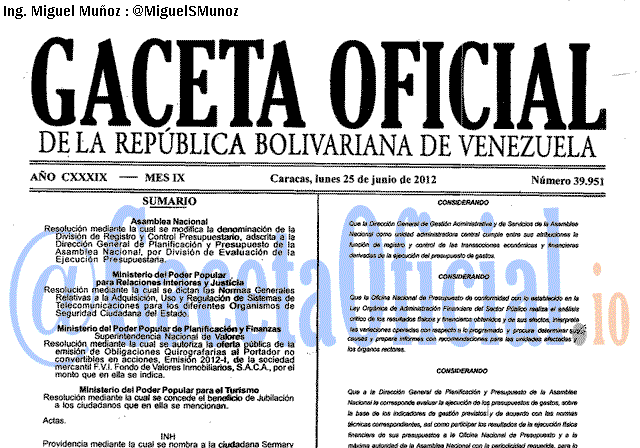 Gaceta Oficial 39951 del 25 Junio 2012
