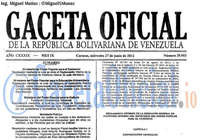 Gaceta Oficial 39953 del 27 Junio 2012