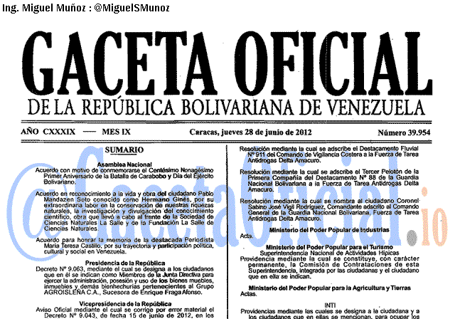 Gaceta Oficial 39954 del 28 Junio 2012