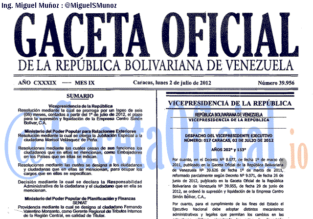 Gaceta Oficial 39956 del 2 Julio 2012