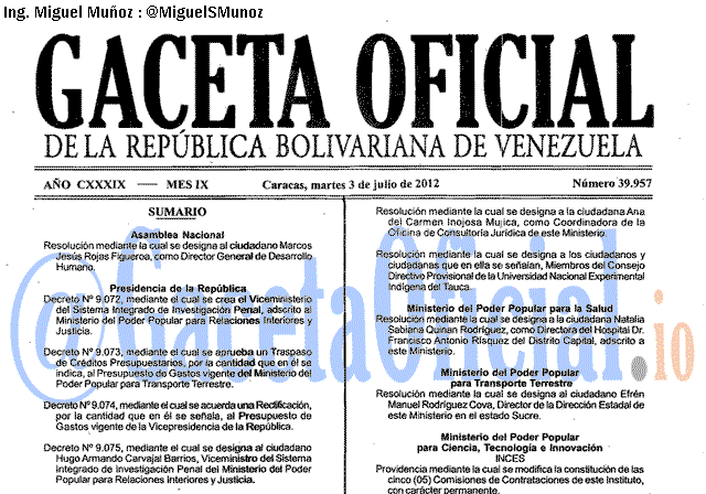 Gaceta Oficial 39957 del 3 Julio 2012