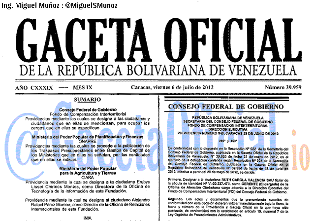 Gaceta Oficial 39959 del 6 Julio 2012