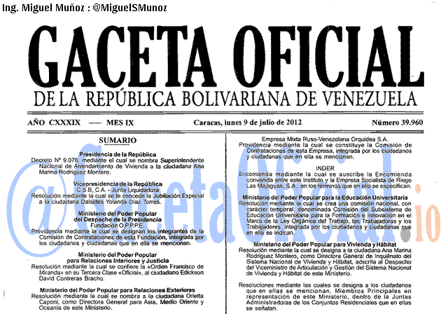 Gaceta Oficial 39960 del 9 Julio 2012